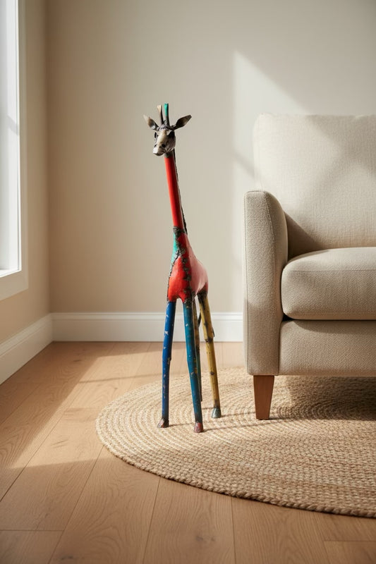 Tall Giraffe recycled metal sculpture beside a neutral armchair