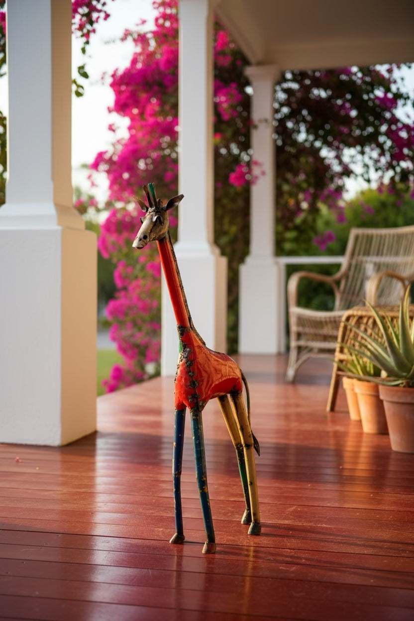 Tall Giraffe recycled metal sculpture on a bright veranda