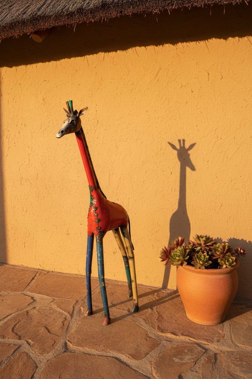 Tall Giraffe recycled metal sculpture against a sunlit clay wall